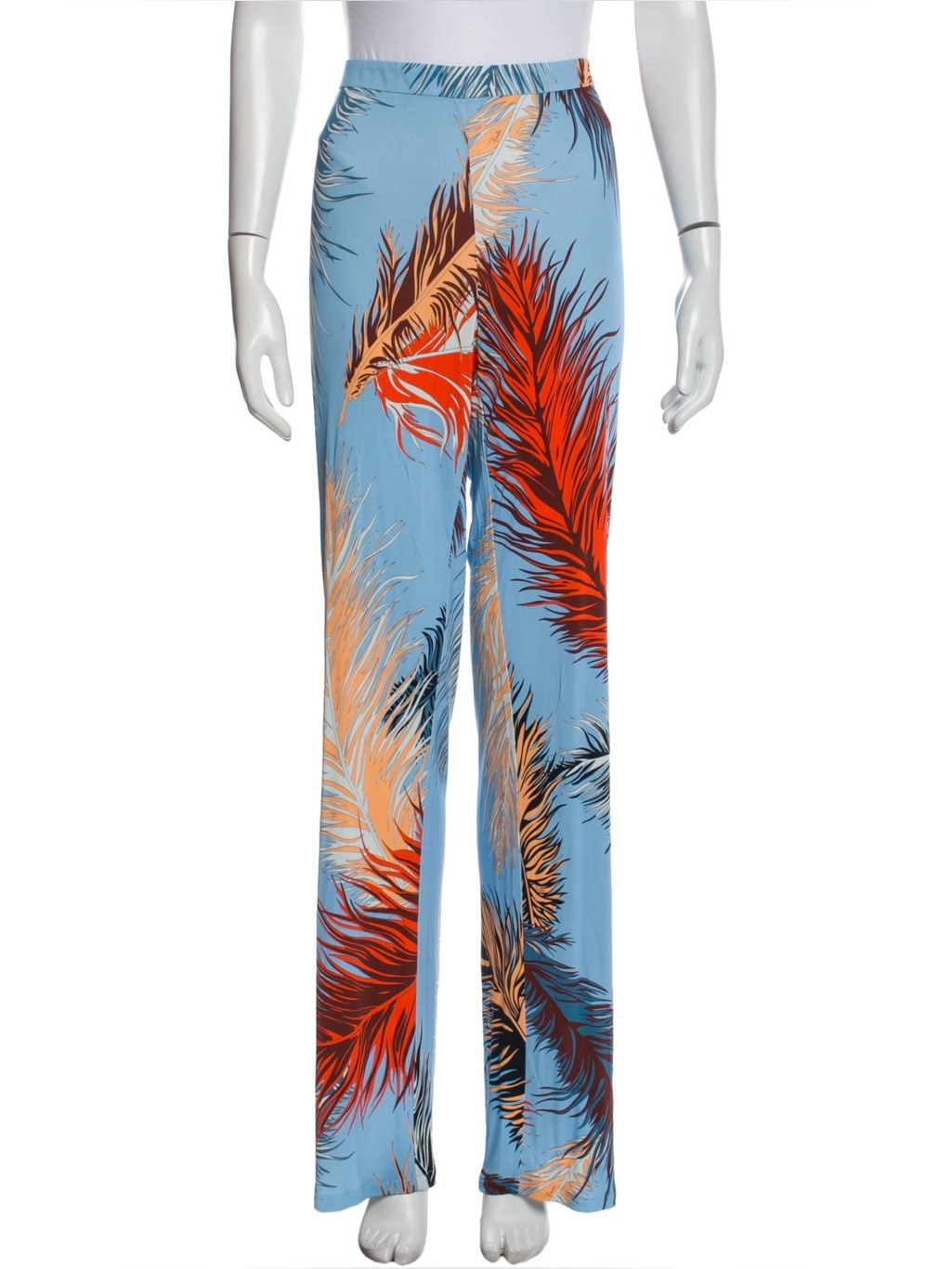 Emilio Pucci Blue Feather Print Wide-Leg Pants 34 36 0 (Xs)